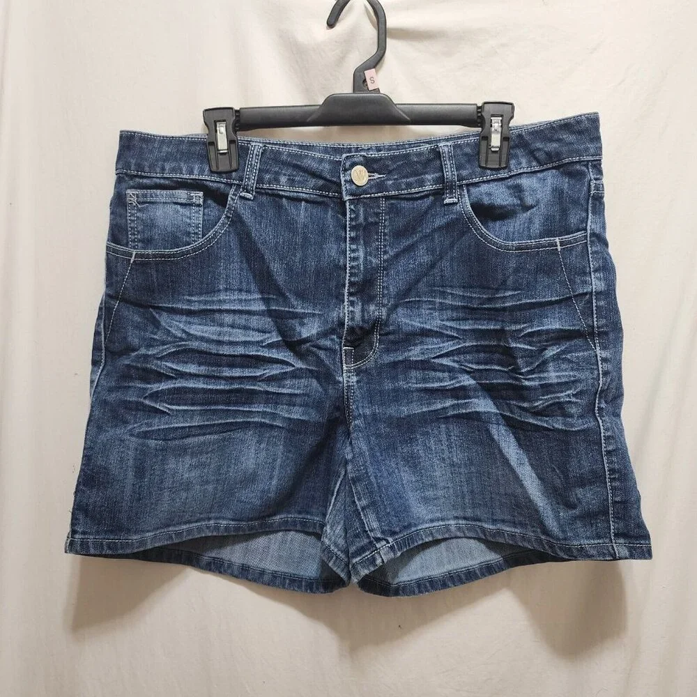 NV Denim Blue Jean Shorts Embroidered Button‎ Flap Pockets High Rise Womens 18